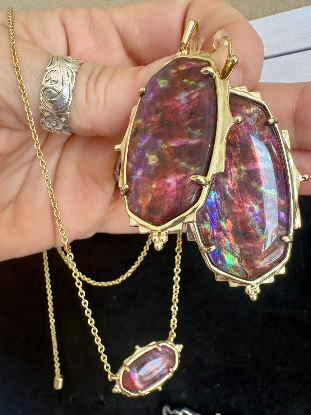 3 Piece Set-Kendra Scott Mauve Abalone Baroque Ella earrings and Elisa necklace